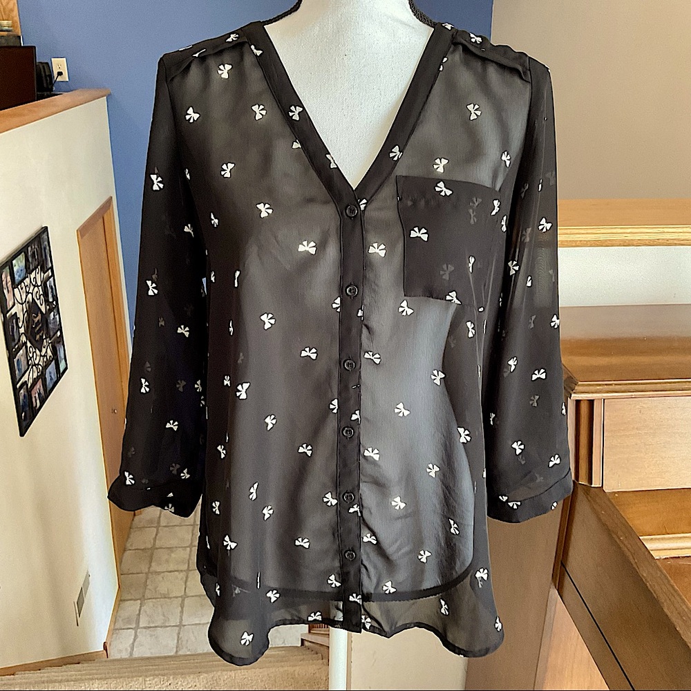 Maurices Sheer Button Down Top.  Black with White Bows, Size Medium